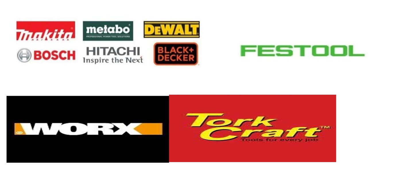 Makita, Metabo, DeWalt, Bosch, Hitachi, Black and Decker, Festool, Worx and Tork Craft power tool logos