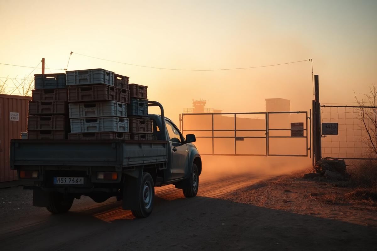Loaded delivery bakkie leaving an industrial yard at sunset