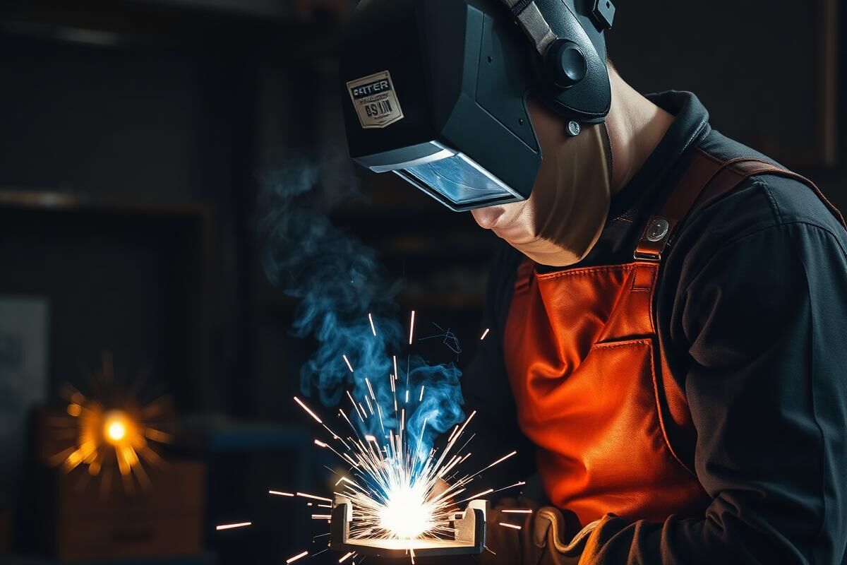Welder joining a steel bracket with a MIG welder